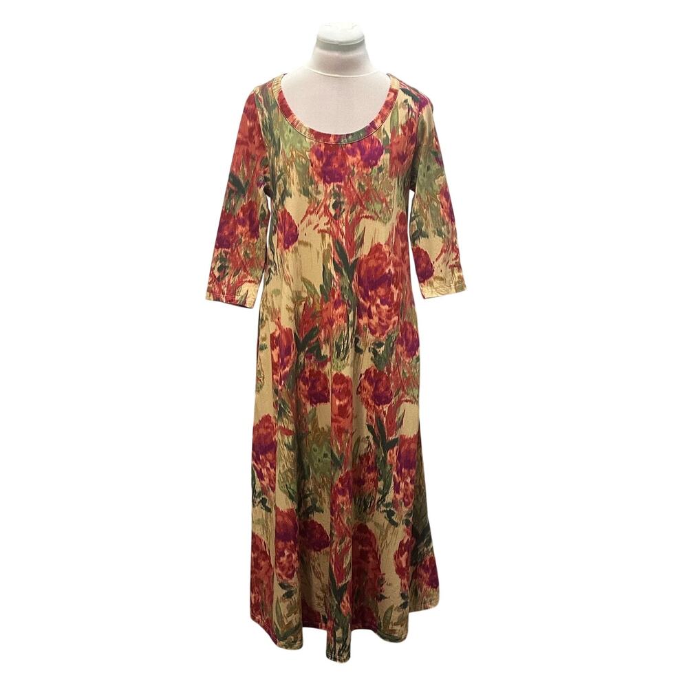 SOFT SURROUNDINGS Gorgeous Floral Watercolor Maxi Dress PM Cotton Modal Pockets
